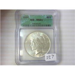 1924 PEACE SILVER DOLLAR ICG MS61