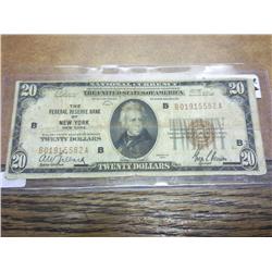 1929 $20 NATIONAL CURRENCY NEW YORK BROWN SEAL
