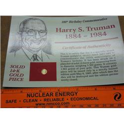 SOLID 14KT GOLD HARRY S. TRUMAN MEDAL