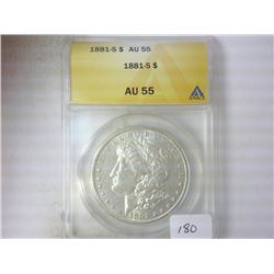 1881-S MORGAN SILVER DOLLAR ANACS AU55