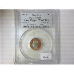 ERROR 2001-D HEAVY COPPER WASH ROOSEVELT DIME PCGS