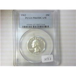 1962 WASHINGTON SILVER QUARTER PCGS PR65 DCAM