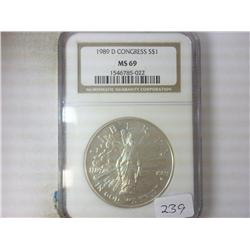 1989-D CONGRESS SILVER DOLLAR NGC MS69