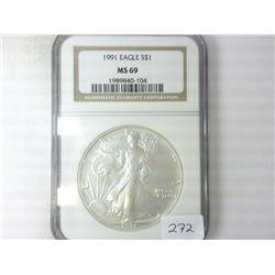 1991 AMERICAN SILVER EAGLE NGC MS69