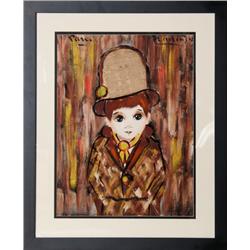 Francoise, Boy in Hat, Gouache and Collage Painting