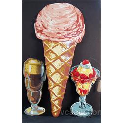 Lot Of 3 Embossed Die-Cut Ice Cream Parlor Signs: