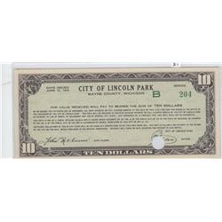 $10 LINCOLN PARK MICHIGAN OBSOLETE 1934