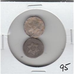 LOT OF 2 3 CENT PIECES SILVER 1852