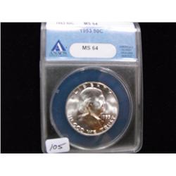 1953 CARTWHEEL LUSTER FRANKLIN MS 64 ANACS