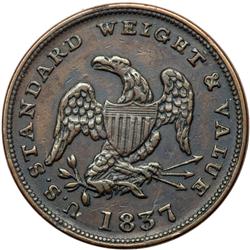 1837 Half Cent Hard Times Token, Low-49 Rulau HT-73, R2