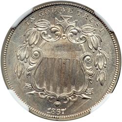 1867 Shield 5C. No Rays NGC MS65