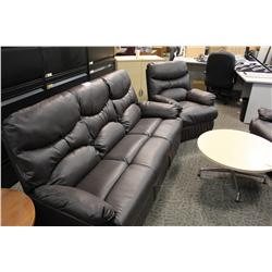 BROWN LEATHER 3 SEAT SOFA WITH 2 RECLINING CHAIRS