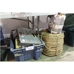 BIN OF ASSORTED TOOLS & ROPE