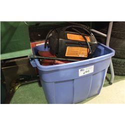 BIN OF TOOLS & LAWN MOWER BAG