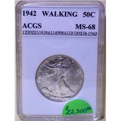 1942 Walking Liberty Half Dollar ACGS MS-68