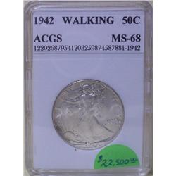 1942 Walking Liberty Half dollar ACGS MS-68