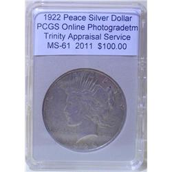 1922 Silver Peace Dollar  MS-61 PCGS w/Appraisal
