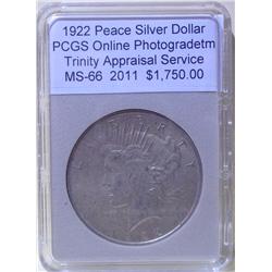 1922 Silver Peace Dollar  MS-66 PCGS w/Appraisal