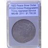 Image 1 : 1922 Silver Peace Dollar  MS-66 PCGS w/Appraisal
