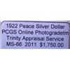 Image 3 : 1922 Silver Peace Dollar  MS-66 PCGS w/Appraisal