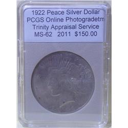 1922 Silver Peace Dollar  MS-62 PCGS w/Appraisal