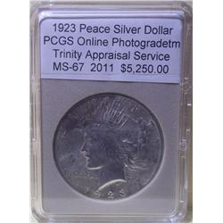 1923 Silver Peace Dollar  MS-67 PCGS w/Appraisal