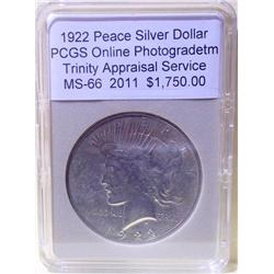 1922 Silver Peace Dollar  MS-66 PCGS w/Appraisal