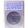 Image 1 : 1922 Silver Peace Dollar  MS-66 PCGS w/Appraisal
