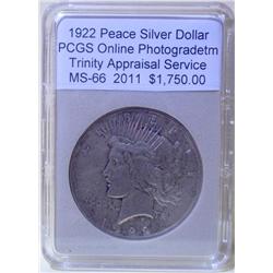 1922 Silver Peace Dollar  MS-66 PCGS w/Appraisal