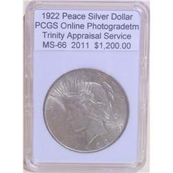 1922 Peace Silver Dollar MS-66 PCGS w/ Appraisal