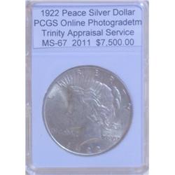 1922 Peace Silver Dollar MS-67 PCGS w/ Appraisal