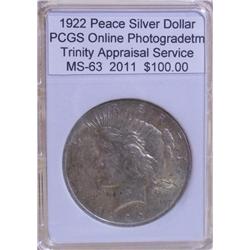 1922 Peace Silver Dollar MS-63 PCGS w/ Appraisal