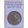 Image 1 : 1922 Peace Silver Dollar MS-63 PCGS w/ Appraisal