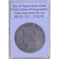 1922-S Peace Silver Dollar MS-63 PCGS w/ Appraisal