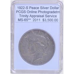 1922-S Peace Silver Dollar MS-65** PCGS w/ App