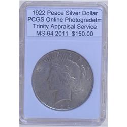 1922 Peace Silver Dollar MS-64 PCGS w/ Appraisal
