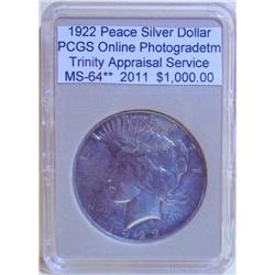 1922 Peace Silver Dollar MS-64** PCGS w/ App