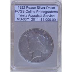 1922 Peace Silver Dollar MS-63** PCGS w/App
