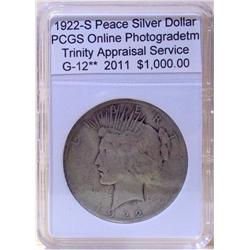 1922-S Peace Silver Dollar GOOD-12** w/ App