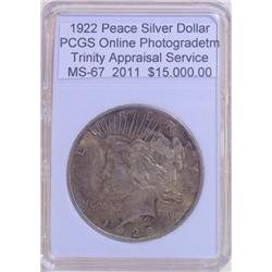 1922 Peace Silver Dollar MS-67 PCGS w/ Appraisal