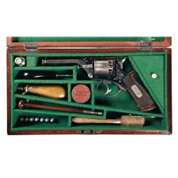 Cased Engraved English Tranter Patent Double Action Percussion Revolver with Initialed Plaque