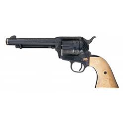 Custom Engraved Gold Inlaid Postwar Colt Single Action Army Revolver with Carved Ivory Grips