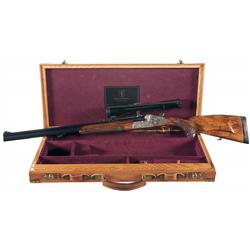 Exceptional Engraved Gold Inlaid Johann Fanzoj Ferlach Side Lock Over / Under Double Rifle with Scop