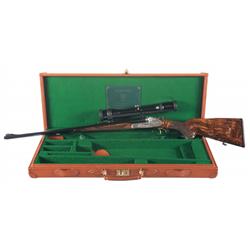 Signed Engraved Gold Inlaid Johann Fanzoj Ferlach Box Lock Double Rifle with Scope and Case