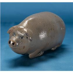 Rare Salt Glaze Pig Flask Incised with "Fine Old Bourbon/ In a Hogs -" by Anna Pottery