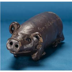Very Early Stoneware Pig Flask Incised "Pure Old Bourbon in a Hogs -" Attributed to Anna Pottery, Ci