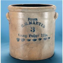 Rare Three Gallon E.G. Martin, Camp Point, Ills Crock Circa 1880