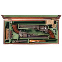 Cased Pair of London Colt Model 1851 Navy Percussion Revolvers with E.M. Reilly Retailer Marked Case
