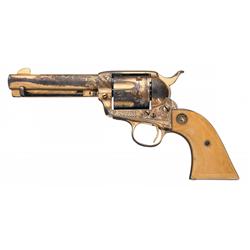 Texas Shipped, Engraved Colt Single Action Army Revolver with Carved Ivory Grips and Factory Letter