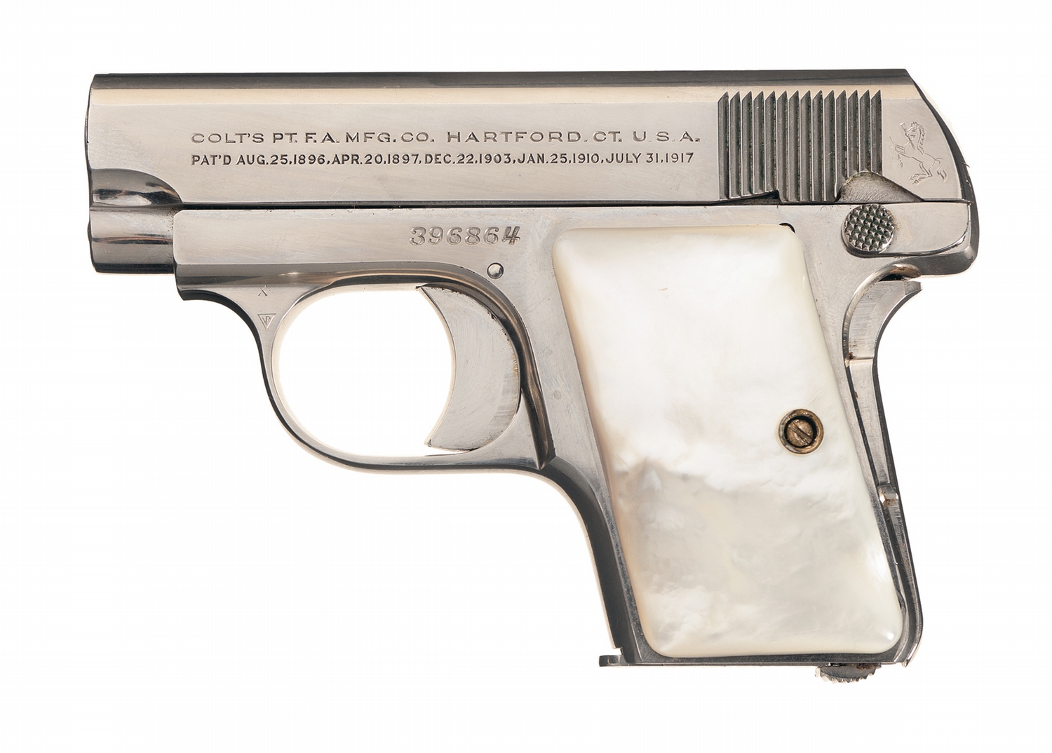 Exceptional Colt Model 1908 .25 Hammerless Pocket SemiAutomatic Pistol with Pearl Grips and Holster